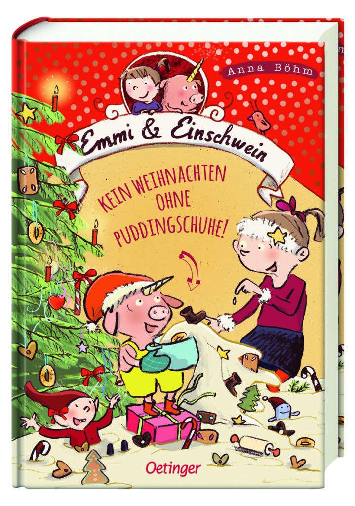 Cover des Kinderbuches "Emmi und Einschwein - Kein Weihnachten ohne Puddingschuhe", Band 4 der Kinderbuchreihe